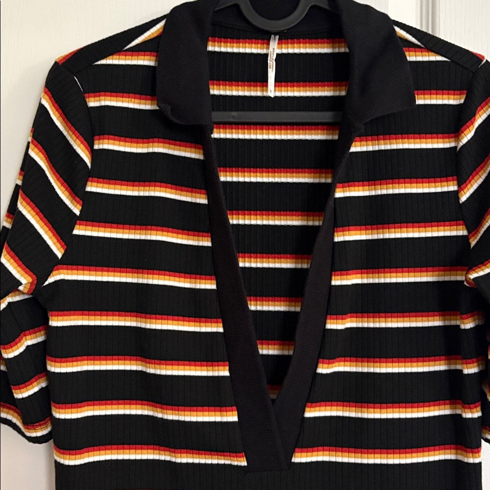Free People Donna Striped Deep V-Neck Top in Black, Orange, and Cream - Picture 3 of 6